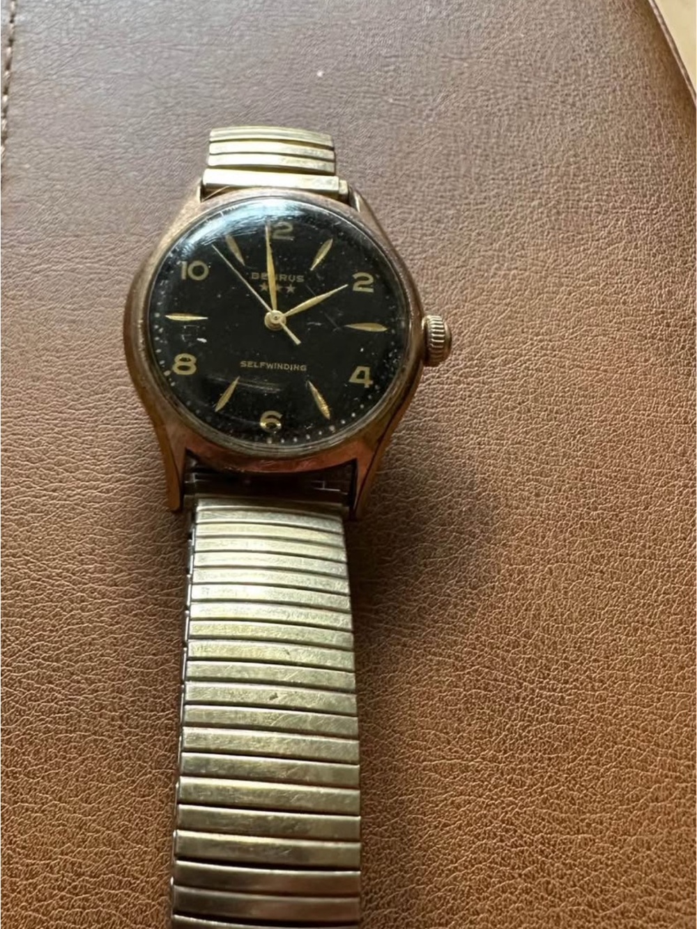 Vintage Men's Self-Winding Wristwatch - Black Dial, Gold-Tone Case